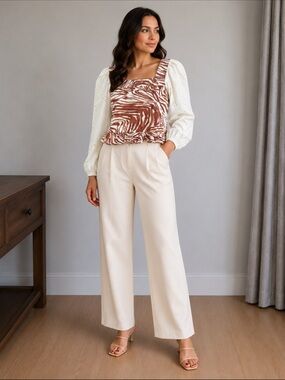 Brown Zebra-Print Crop Top with Eyelet Puff Sleeves
